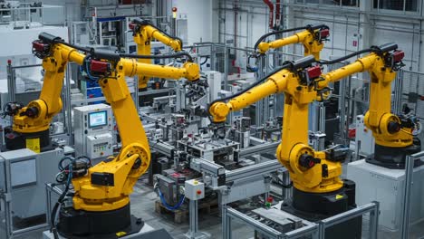 aerial view of cutting-edge robotic arms in an automated manufacturing setup, showcasing advanced industrial automation and precision engineering