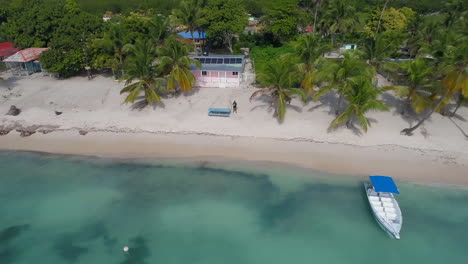 Aerial-view-of-palm-trees,-boats-and-houses-in-the-Mano-Juan-town,-on-Saona-island,-in-Dominican-Republic---tracking,-tilt-up-drone-shot