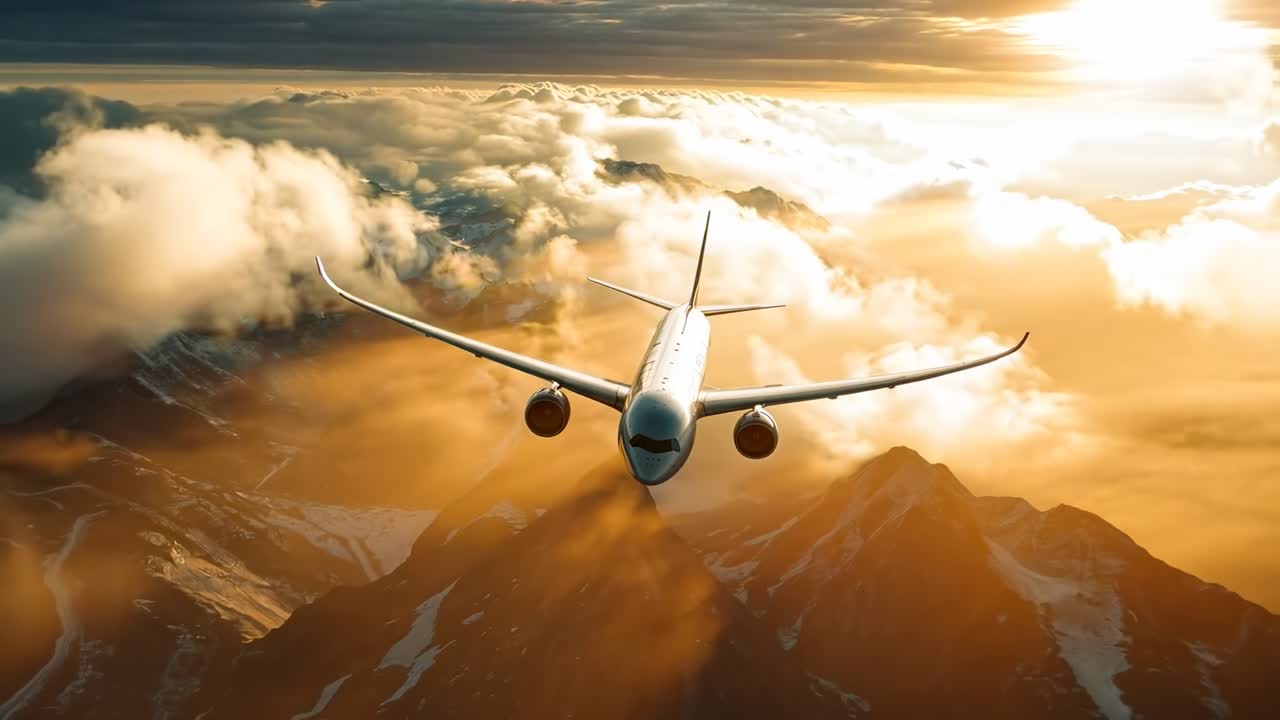 Aerial video shot of an airplane soaring above clouds and mountains at sunset, capturing a majestic