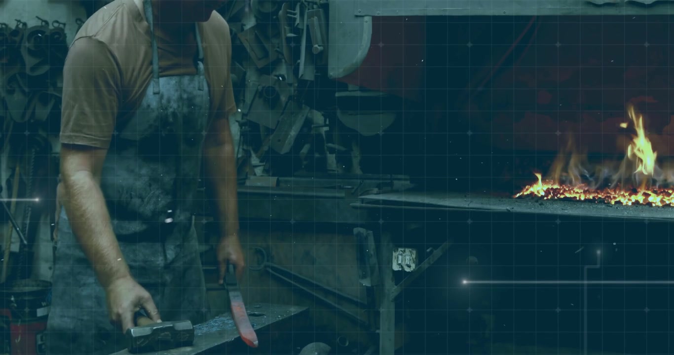 Male blacksmith picking glowing bar from forge, hammering on anvil and reheating to shape metal