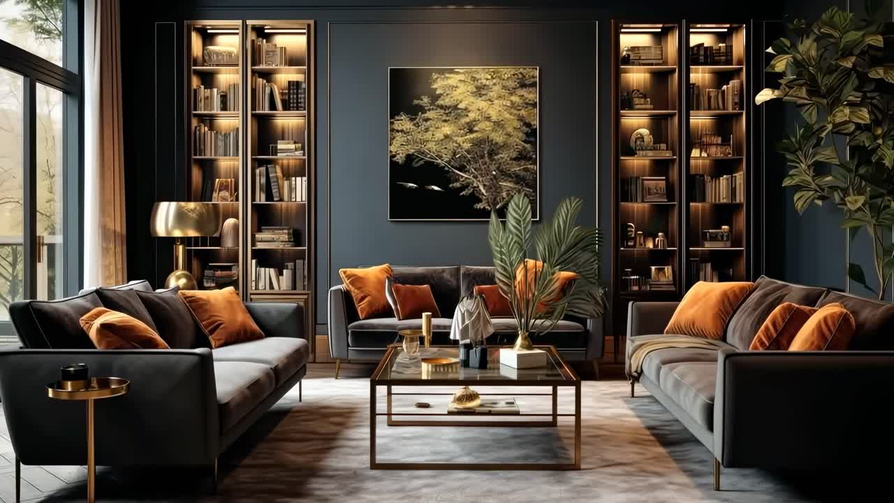 Luxurious living room with dark tones, velvet sofas, and gold accents