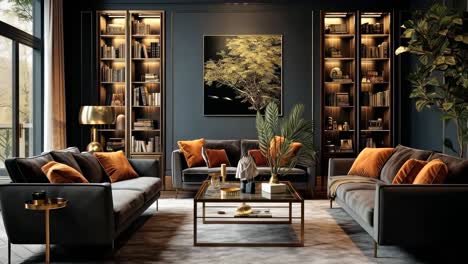 luxurious living room with dark tones, velvet sofas, and gold accents