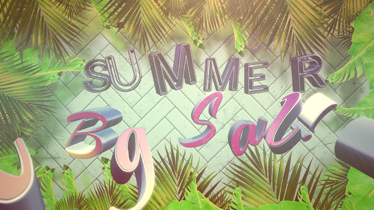 アニメーションのクローズ アップ テキスト夏の大セールと熱帯の花と葉 3