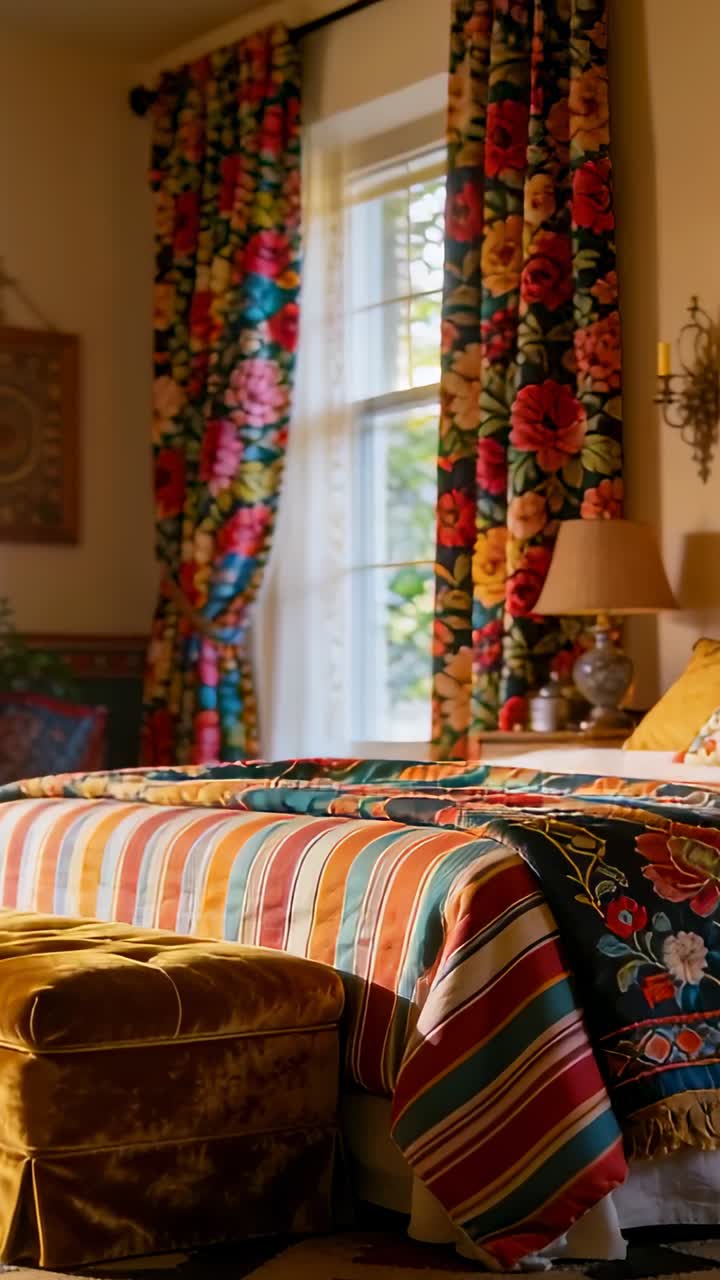 Video verticale: La telecamera si inclina mostrando un letto a righe in una camera da letto, rivelando una finestra e un pouf color senape.