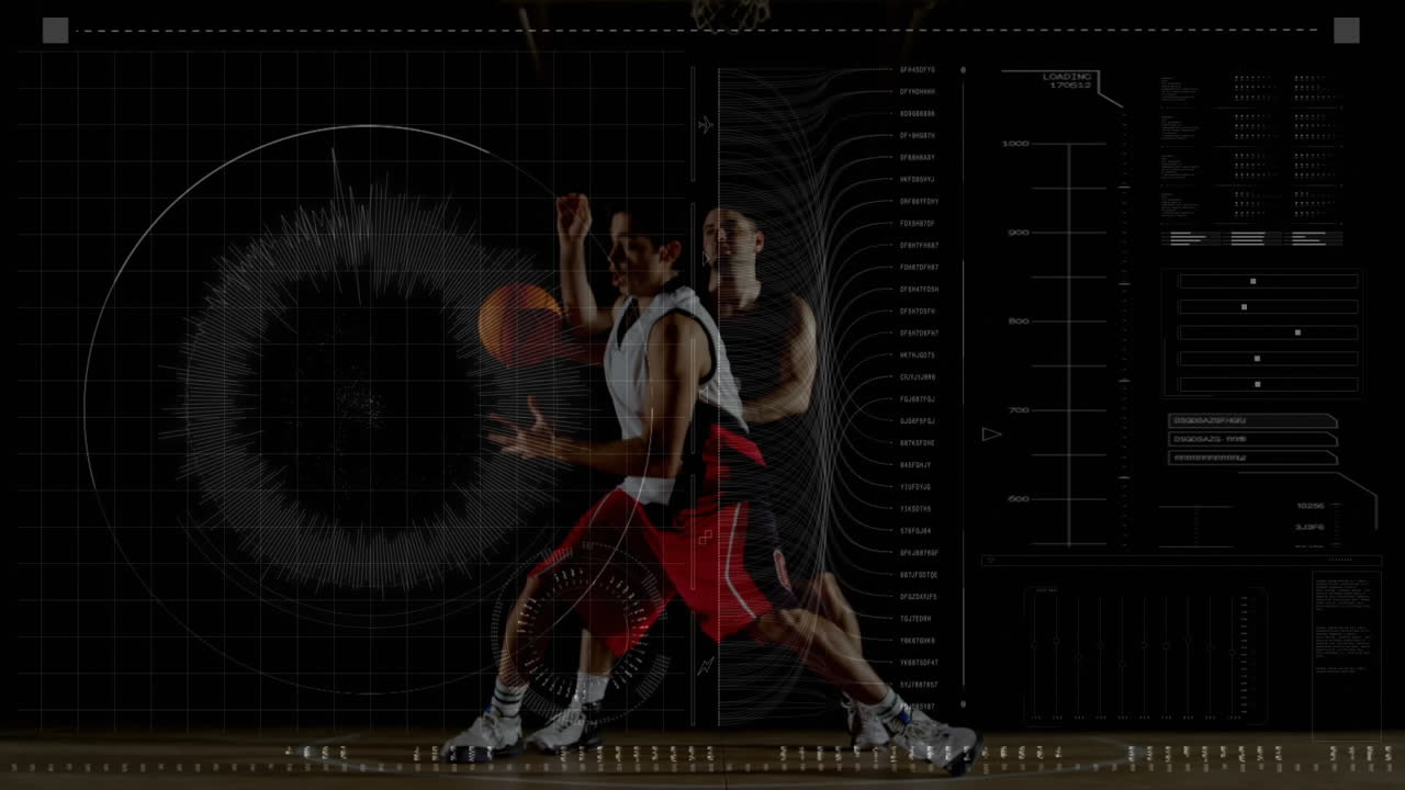 Data processing with two men playing basketball