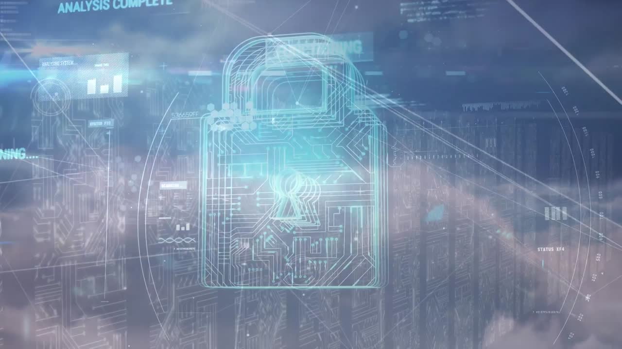 animatie van netwerk van verbindingen en digitaal hangslot over wolken