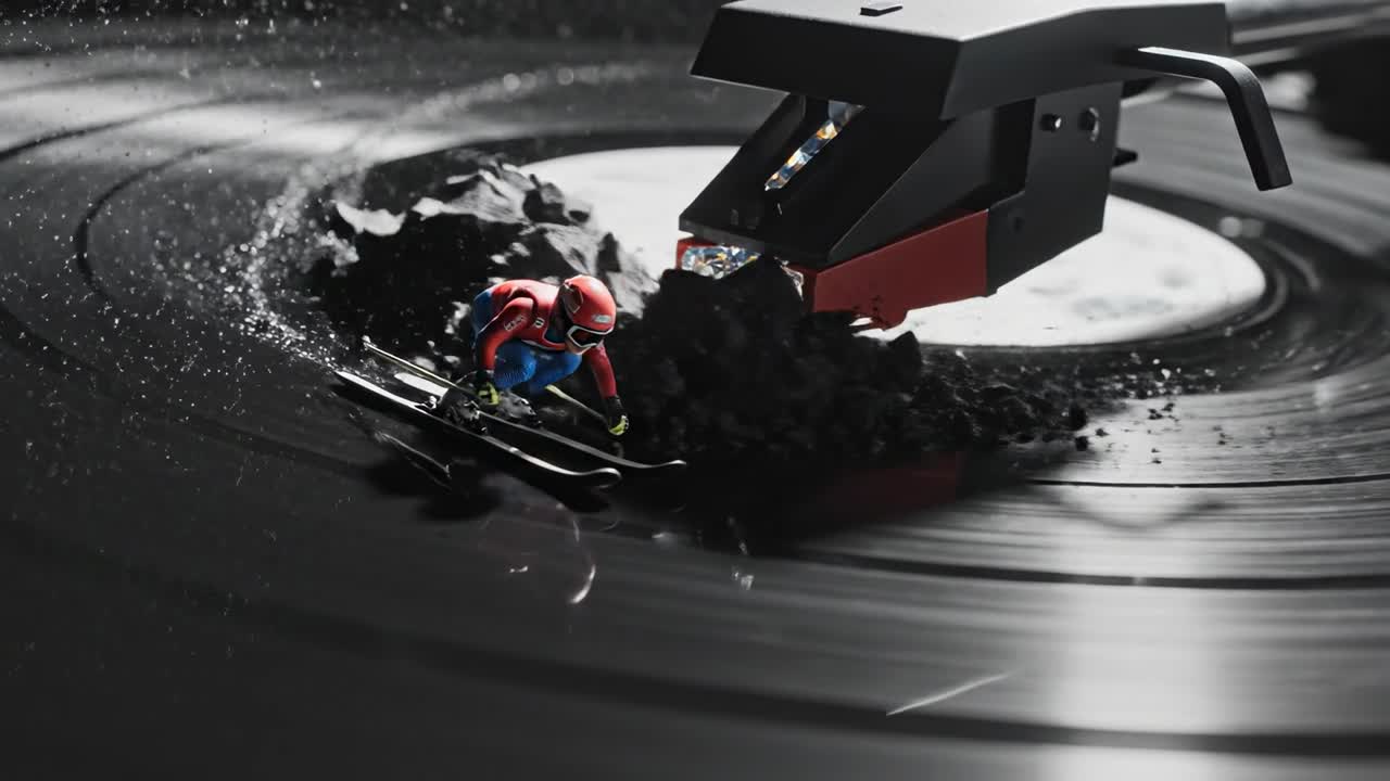 Miniature-skiløberfigur, der står på ski på en roterende vinylplade