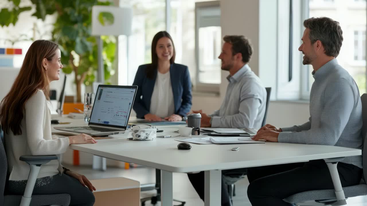 Casual office meeting with four colleagues smiling and discussing around a table