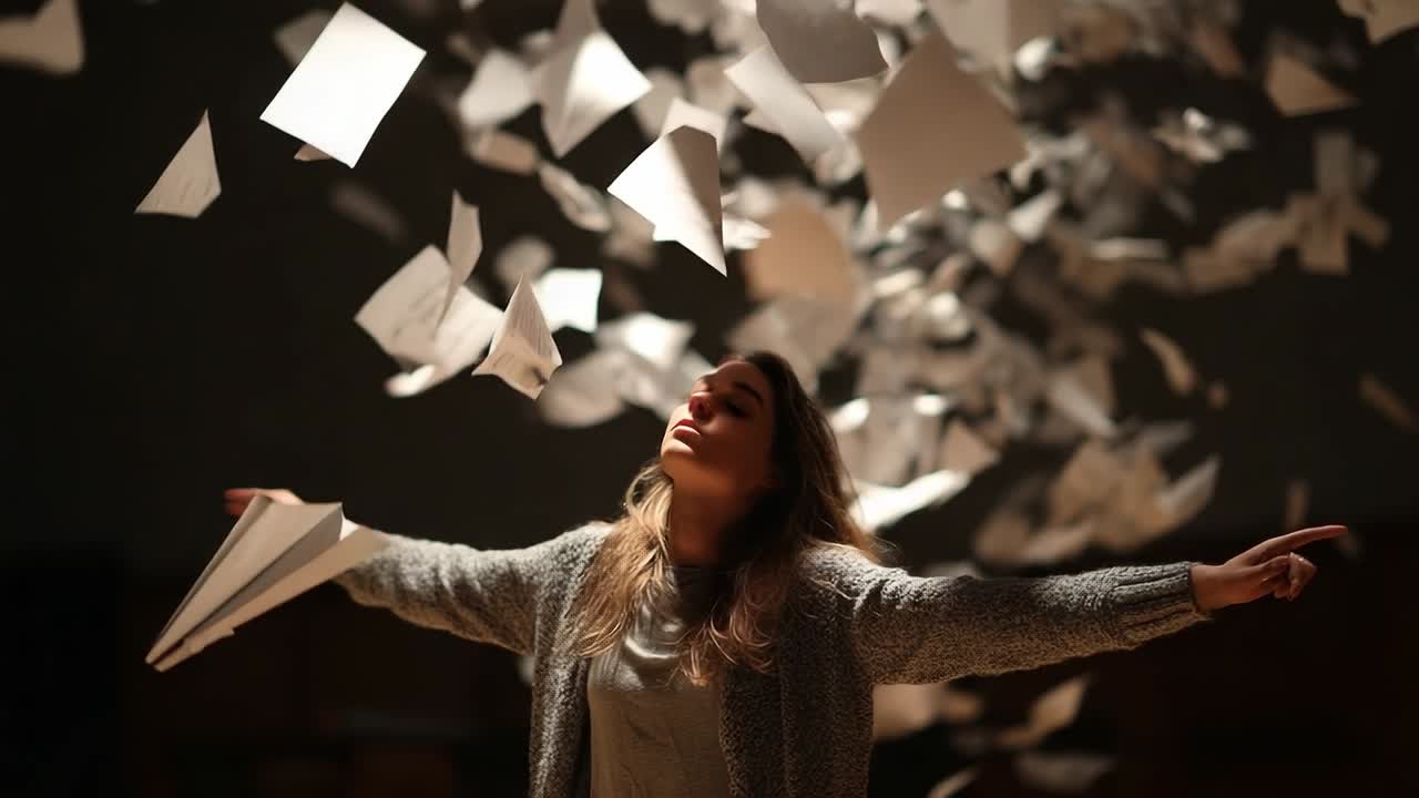Woman enjoying flying papers in creative art space at night