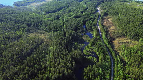 A-Railroad-Line-Surrounded-By-The-Lush-Green-Coniferous-Forest-in-Summer-Near-The-Calm-Lake-At-Vansbro-Municipality,-Dalarna-County,-Sweden