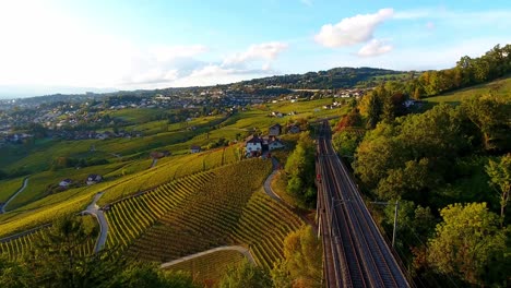 Sobrevolando-El-Puente-Ferroviario-En-Lavaux,-Suiza-Colores-De-Otoño