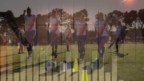 soccer players training with cones over financial data processing animation