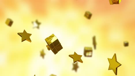 animación de estrellas de oro de navidad y regalos sobre fondo amarillo.