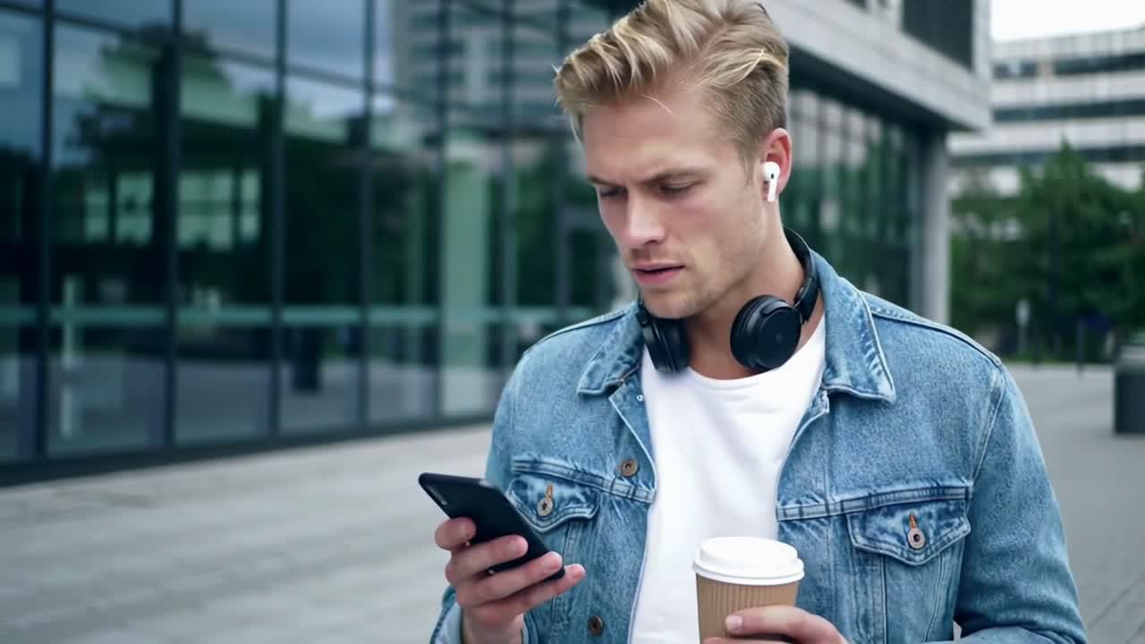 Young Man with Headphones Checking Phone and Drinking Coffee