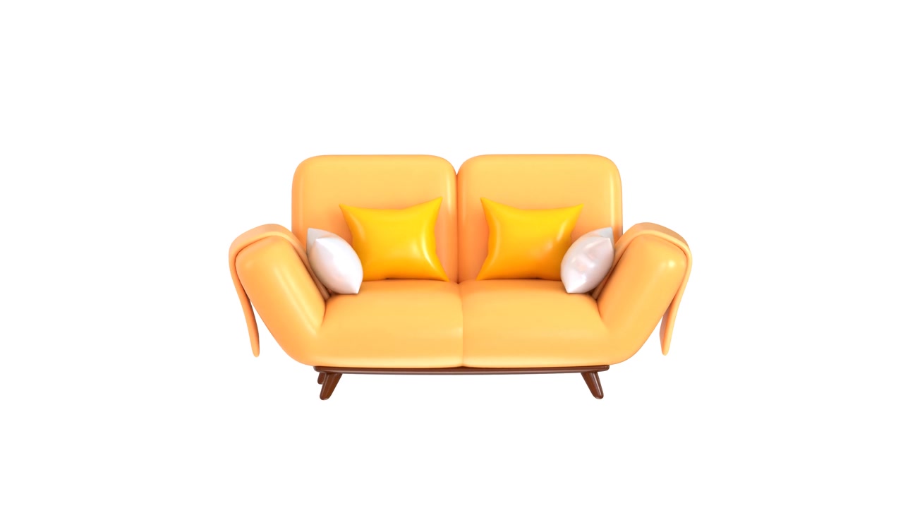 3D-render af en moderne gul sofa, der roterer på hvid baggrund
