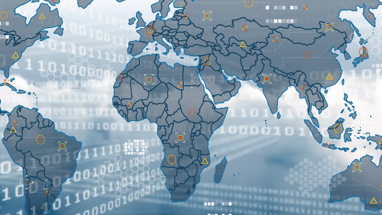 World map with data points and binary code animation over continents