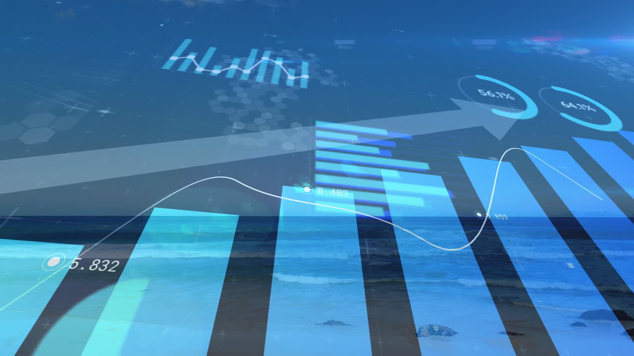 Visualizing financial data animation over serene ocean landscape with charts