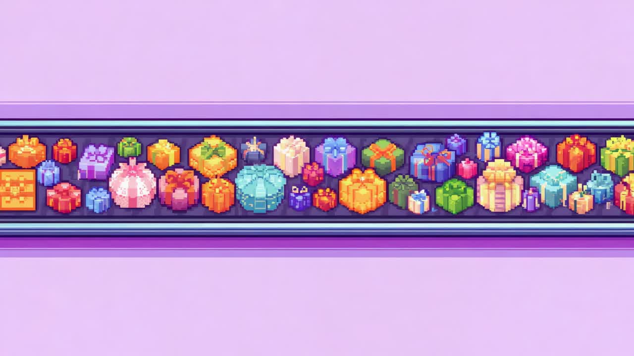 Playing gift banner scrolling left on pastel purple backdrop as decorative loop with pixel gifts