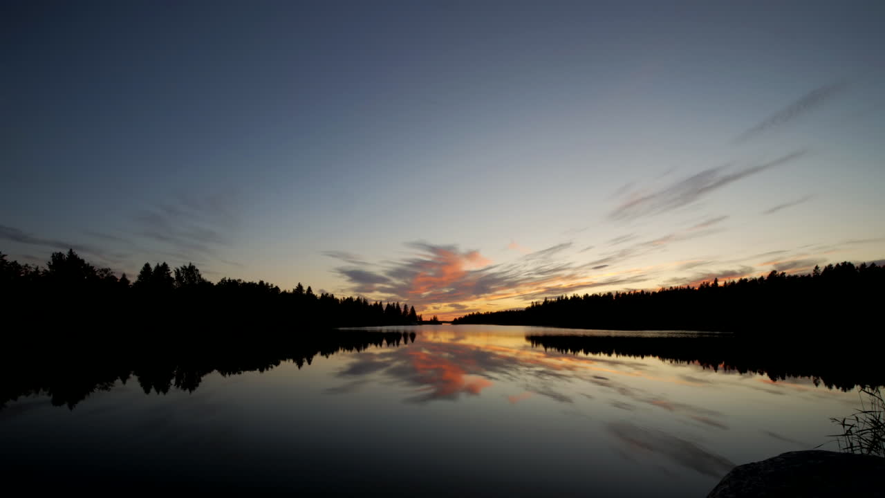 Time Lapse of Pure Nordic nature, calm summer lake and evening clouds