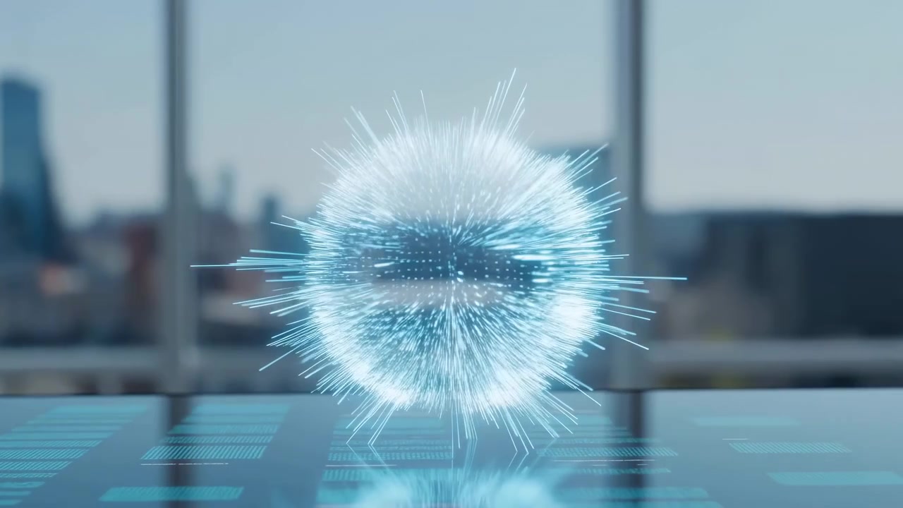 Bright spherical object with fine light rays remains centered over reflective tabletop while surface highlights vary, with cool blue tones, blurred window background, and clean symmetrical framing.