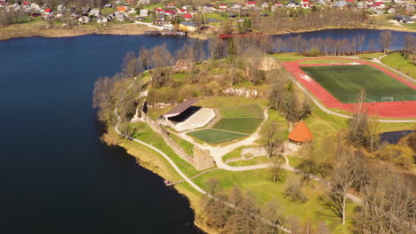 athletic complex and arena on island in latvia, alūksnes pilssalas stadium