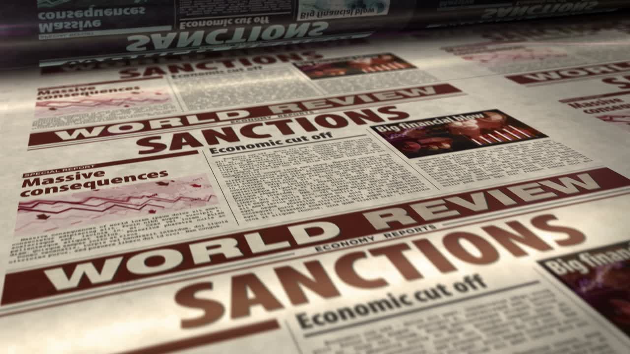 Sanctions, economy blockade, politics and embargo news newspaper printing press