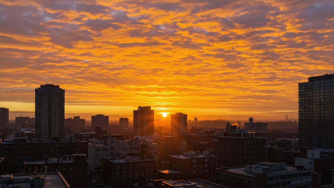 Um nascer do sol urbano impressionante: céus cativantes e silhuetas da cidade em tons dourados e quentes enquanto o dia começa e a luz preenche o horizonte com infinitas possibilidades