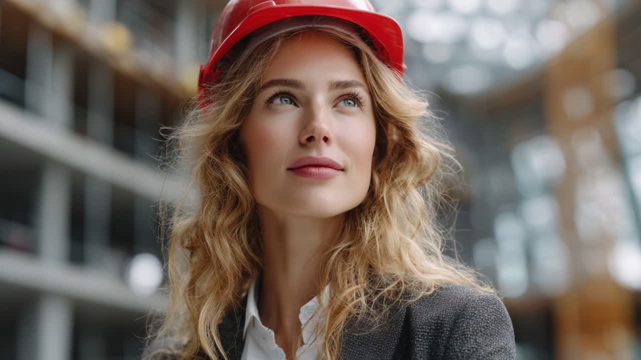 A Confident Female Construction Worker in a Red Hard Hat Embraces Her Role in an Innovative Building Project with Determination and Poise