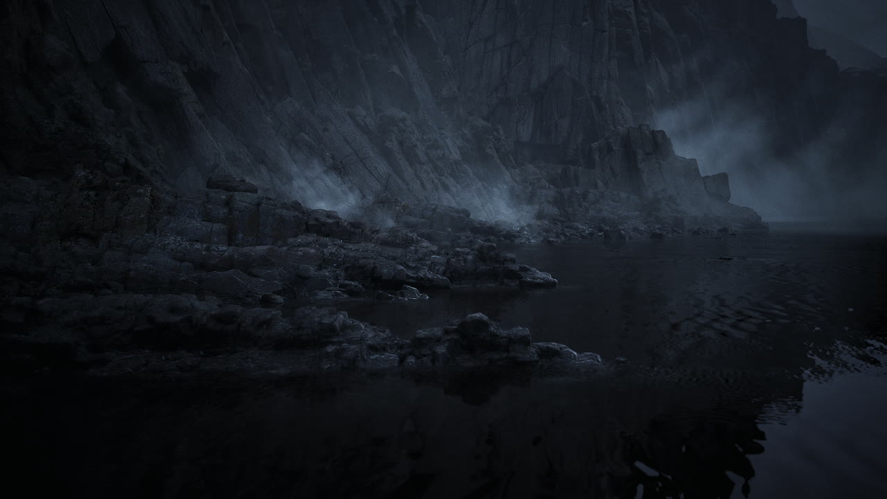 Atmospheric rocky coastline under moonlight with misty water reflections