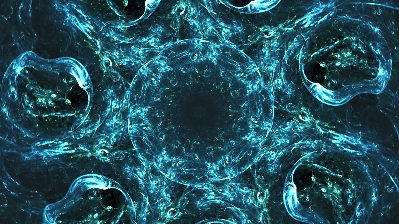 geometría intrincada, mandala de caleidoscopio, caos cósmico abstracto, vórtice de portal fractal azul cerúleo, fondo de bucle sin fisuras