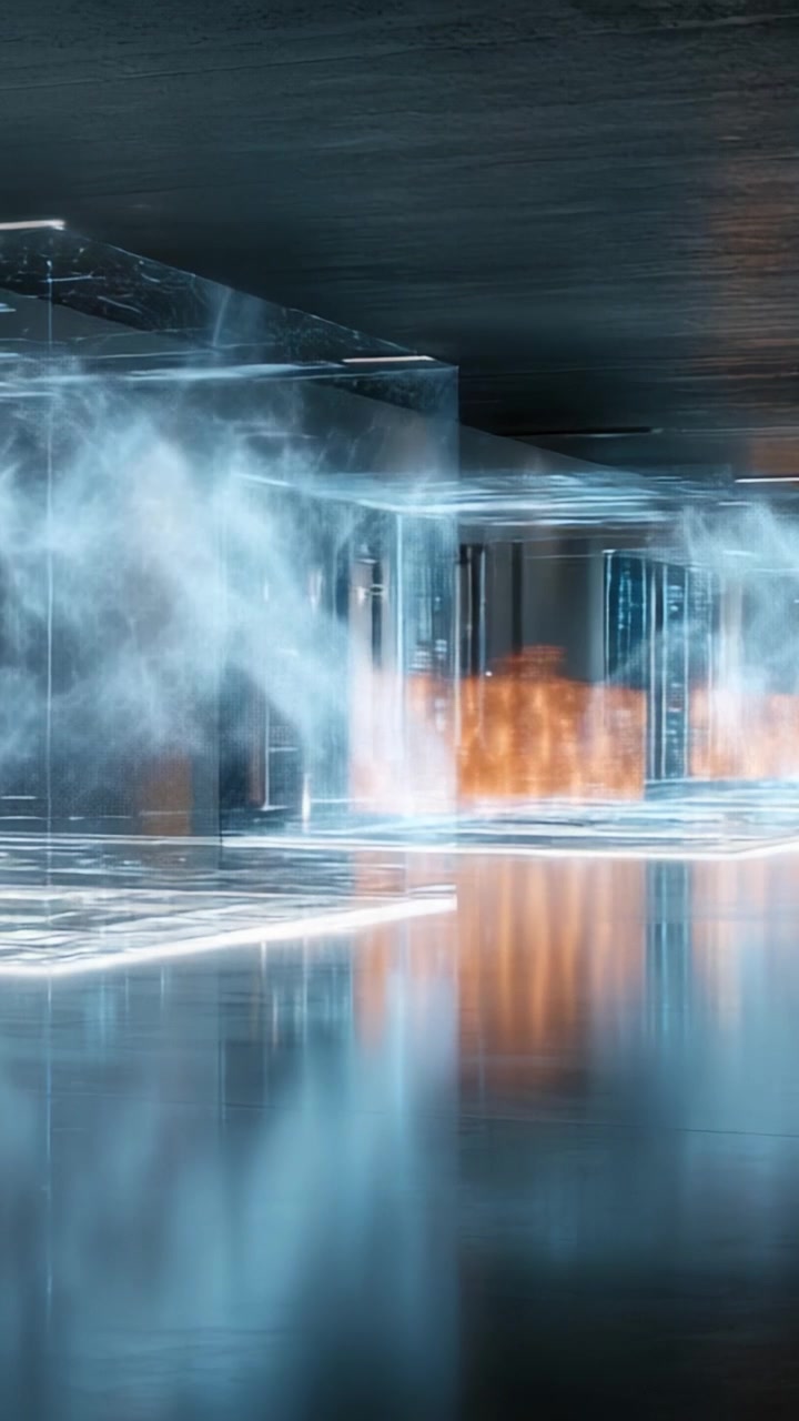 Un ambiente digitale futuristico caratterizzato da sentieri luminosi e nebbia eterea, che cattura l'essenza dell'estetica high-tech in uno spazio simile al vuoto.