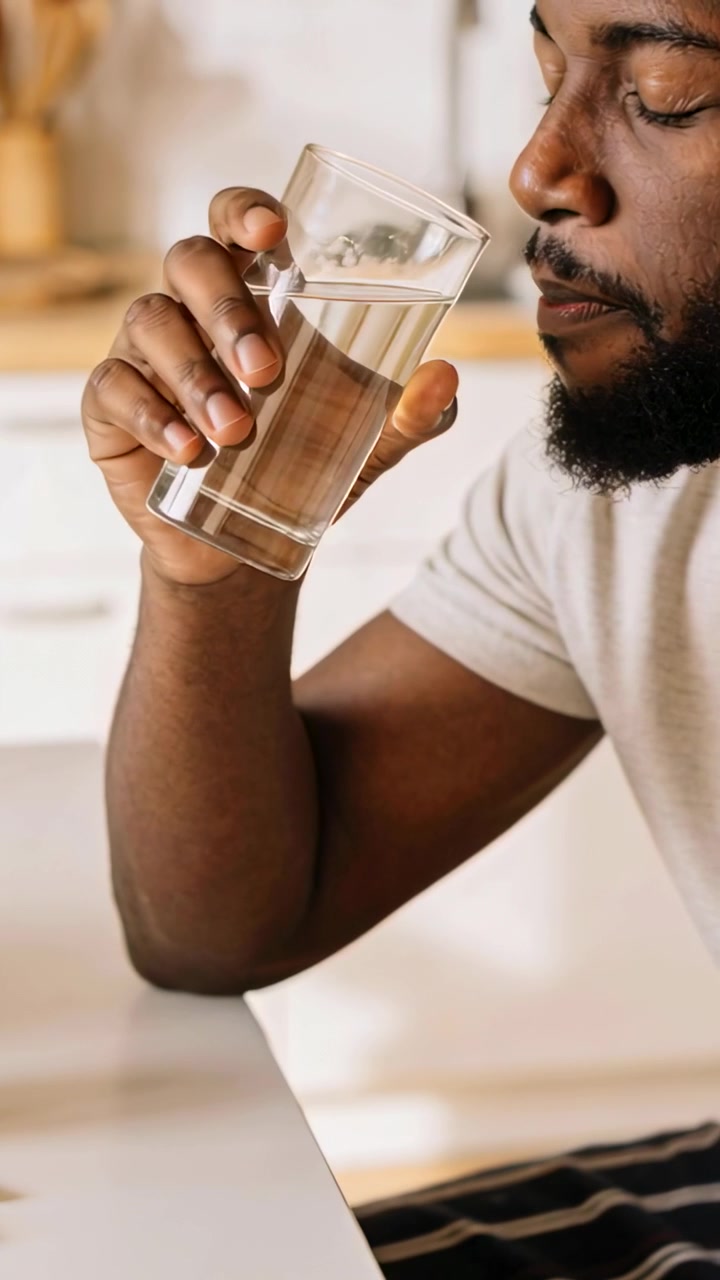 Vertical video: Lifting man in white T-shirt taking sip at kitchen table to hydrate, with glass