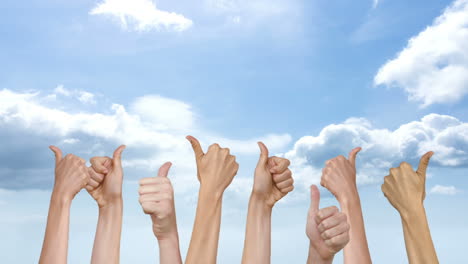 many thumbs up against blue sky