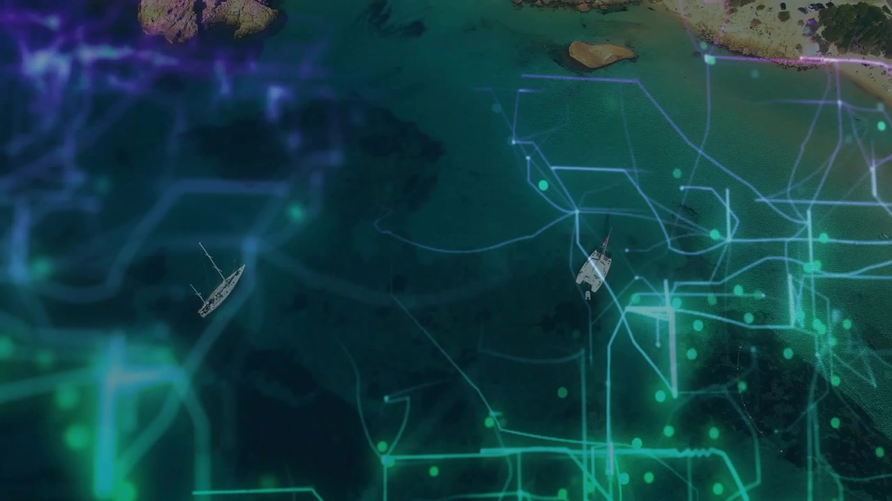 Fading teal lines from left and lower right forming grid, linking nodes, guiding white motor vessel