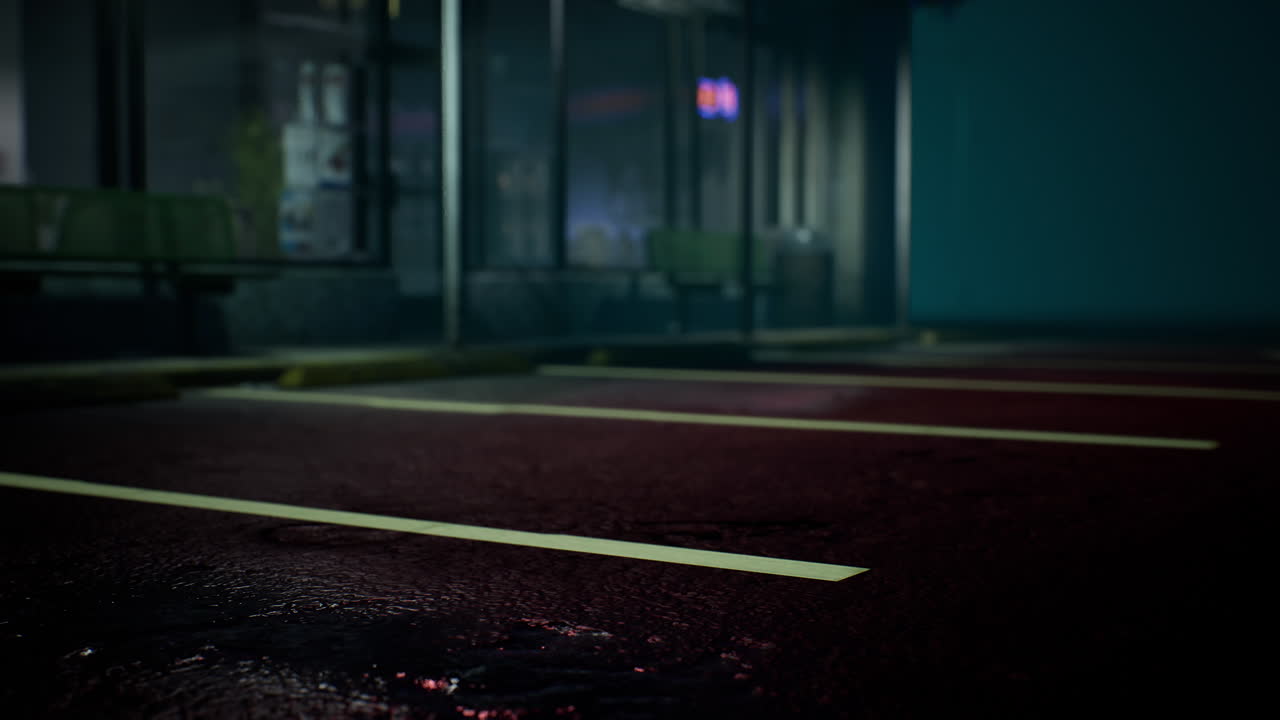 Empty Night Parking Lot with Bus Stop