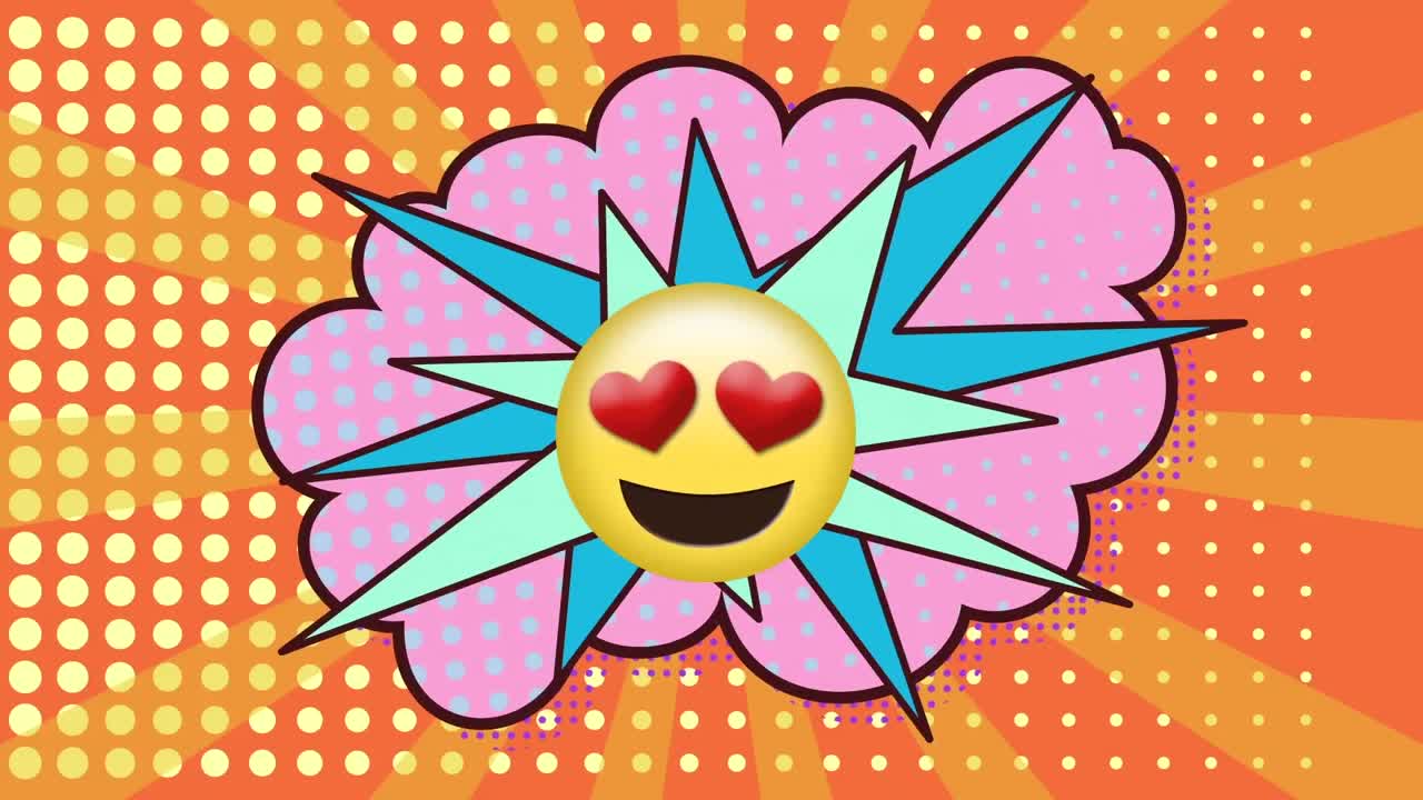 Animation of emoji icon over comic cloud icon on red background