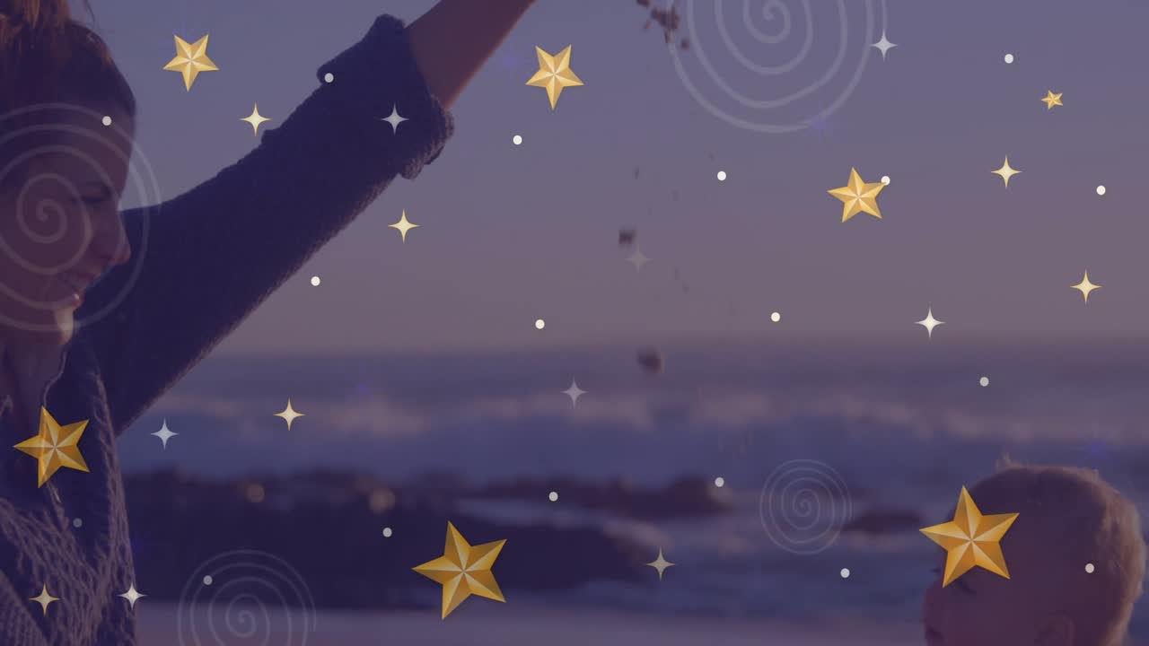 Niño jugando con un adulto en la playa, rodeado de una animación de estrellas y espirales.