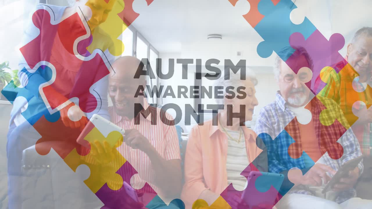 다채로운 퍼즐 조각과 자폐증 텍스트의 애니메이션이 전자 장치를 사용하는 고령 친구들 위에