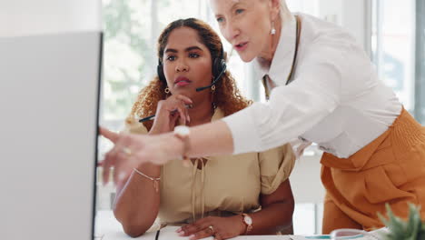 Call-center,-training-and-black-woman-with-manager
