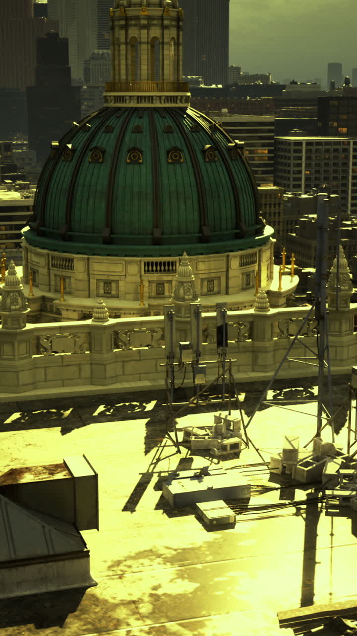 Urban rooftop view with a green dome amidst a city skyline at sunset