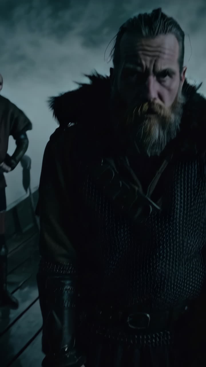 Viking Ship and Warriors in a Misty Landscape