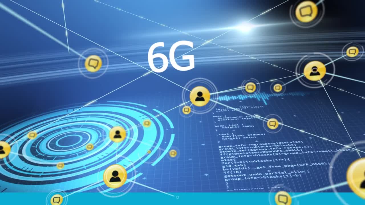 파란색 배경에 있는 정보와 연결된 사람 아이콘과 6g 텍스트와 인터페이스의 애니메이션