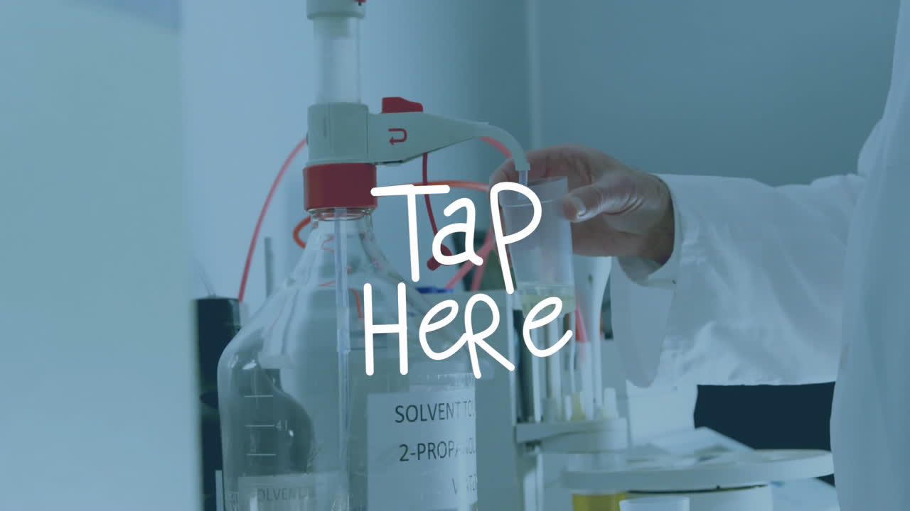 In laboratory, scientist handling solvent bottle with Tap Here animation overlay