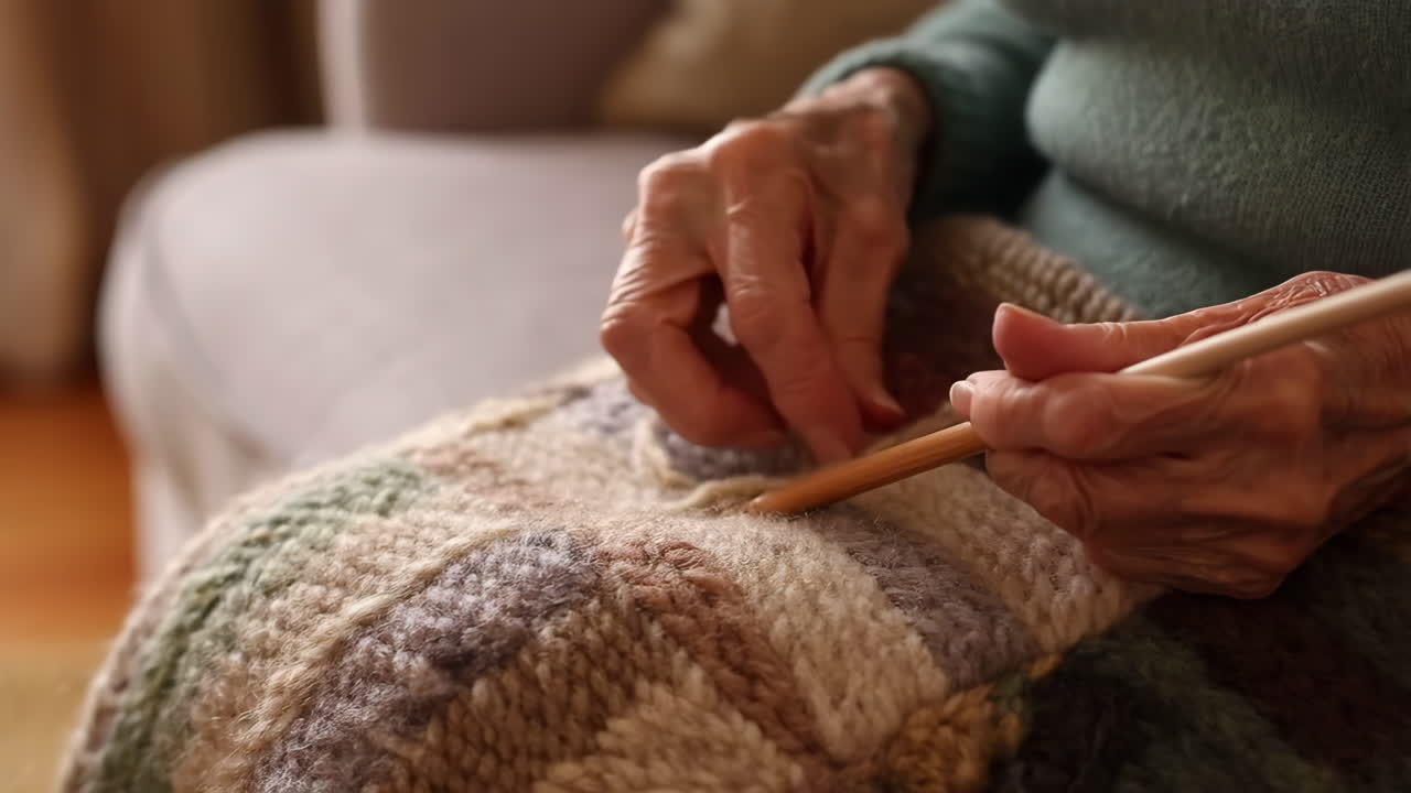 Close-up of elderly hands knitting a colorful blanket