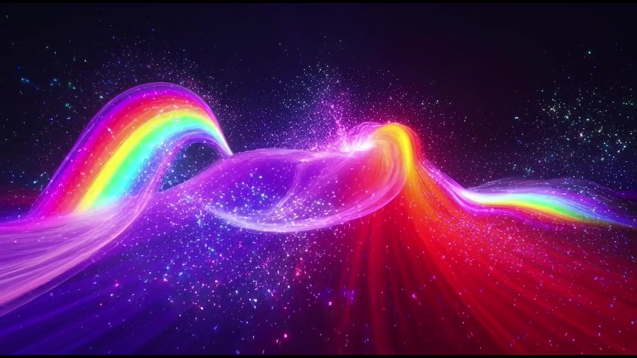 Onde di luce arcobaleno astratte che scorrono attraverso lo spazio oscuro