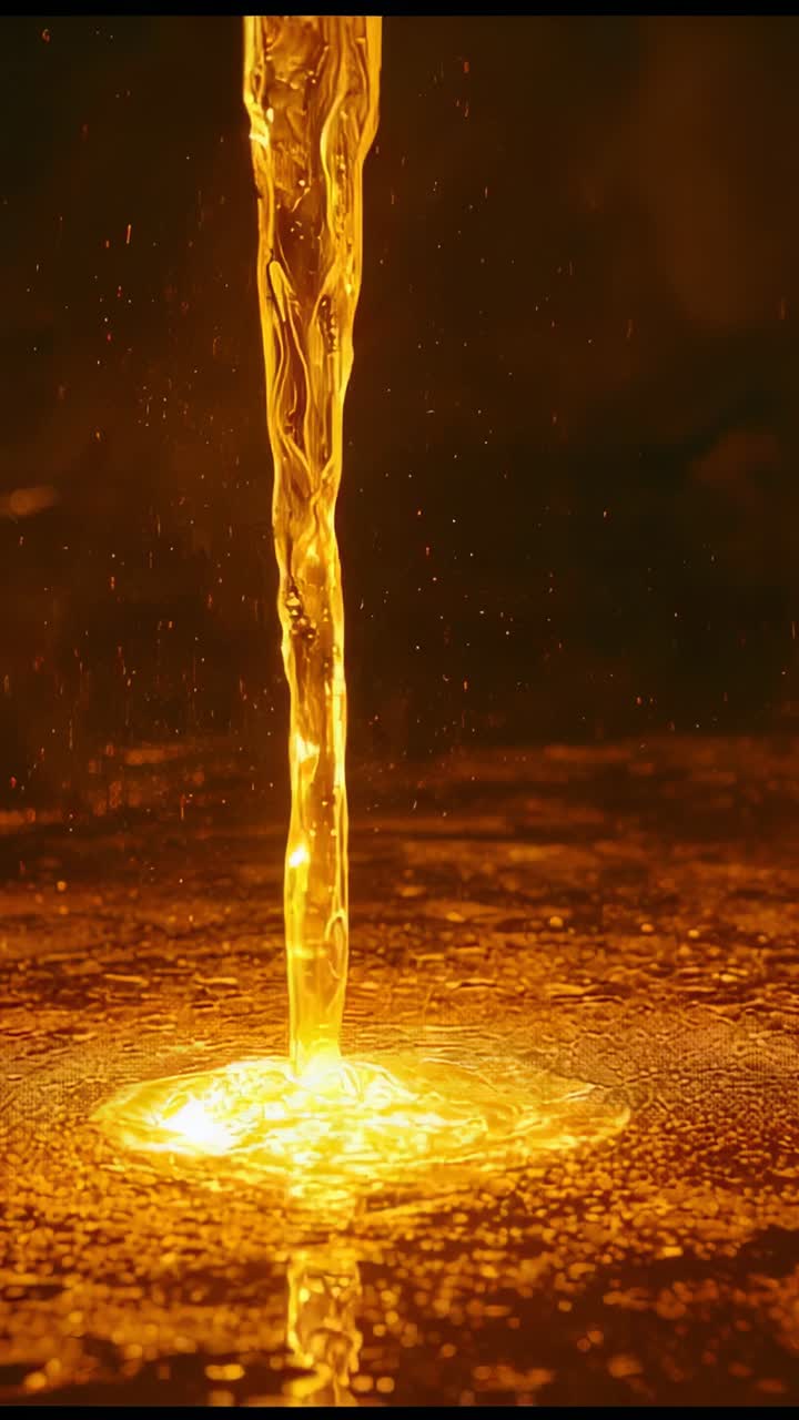 Vertical video: Pouring glowing stream starting, forming splash ring in shallow pool studio macro