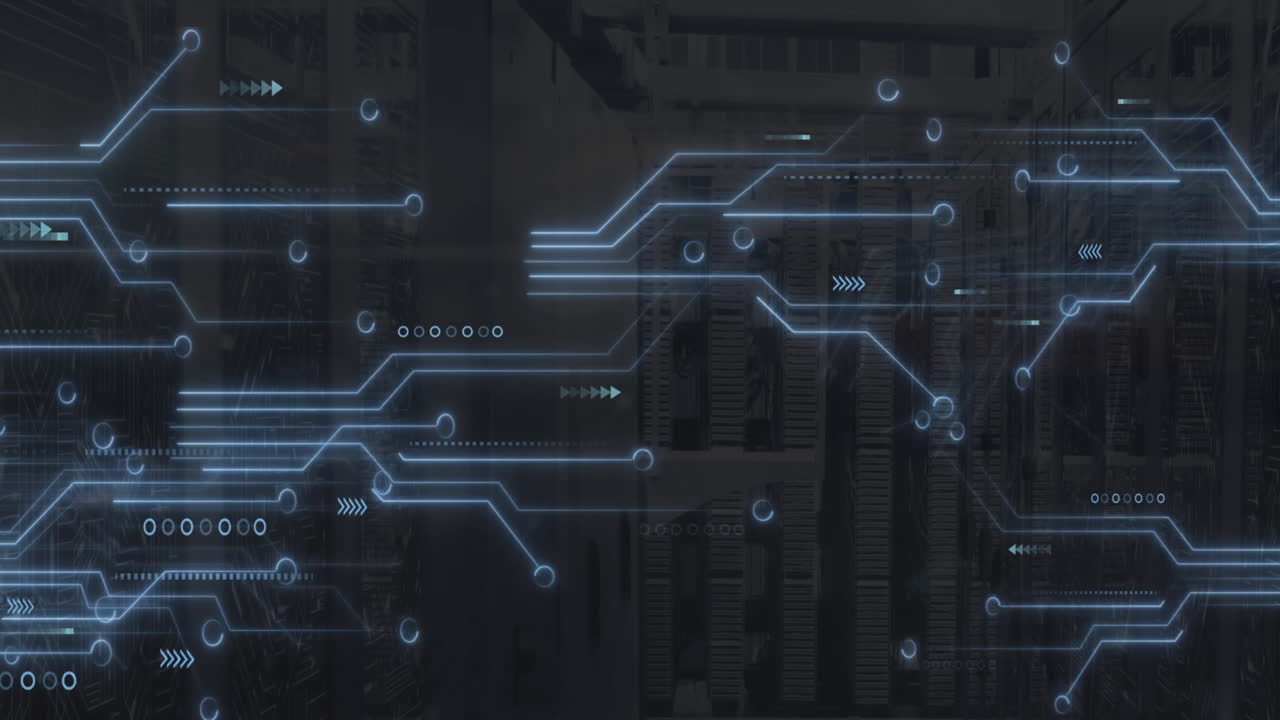 Animation of network of connections and server room over diagrams