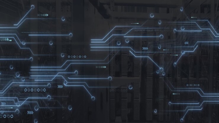 Animation of network of connections and server room over diagrams