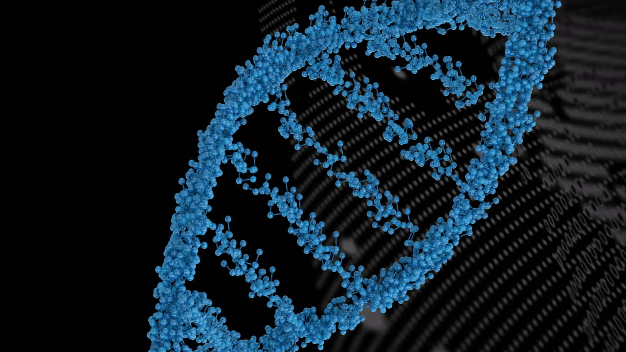 Dna structure spinning over binary coding data processing against black background