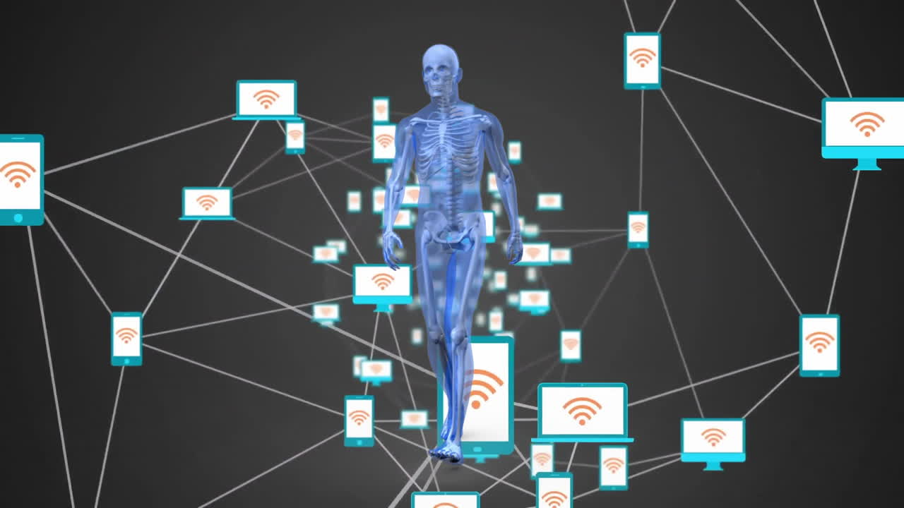 Animation of digital human model over network of connections with icons on black background
